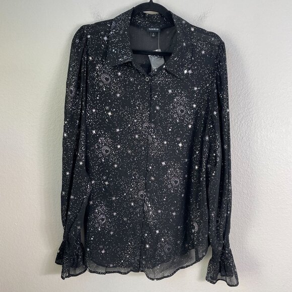 NEW Torrid Women Plus 2X Celestial Stars Button Up Shirt Chiffon Blouse Metallic - Picture 4 of 13